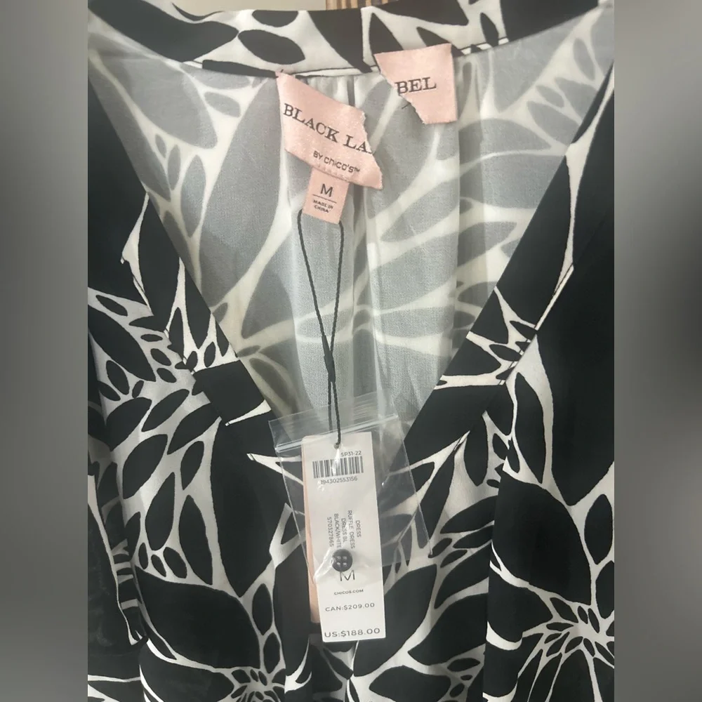 Black Label Size Medium Black White Floral Print Ruffle Dress NWT $188 - Picture 5 of 7